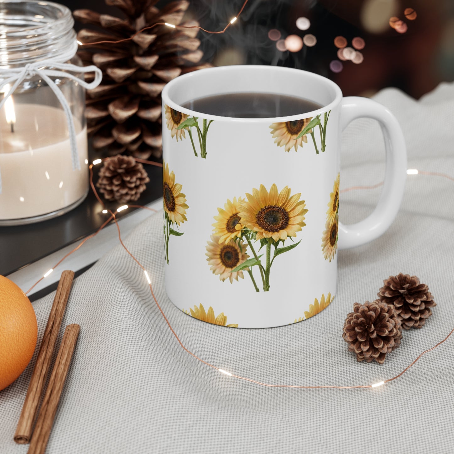 Sunflower Pattern Ceramic Mug — 11oz Floral Coffee Cup