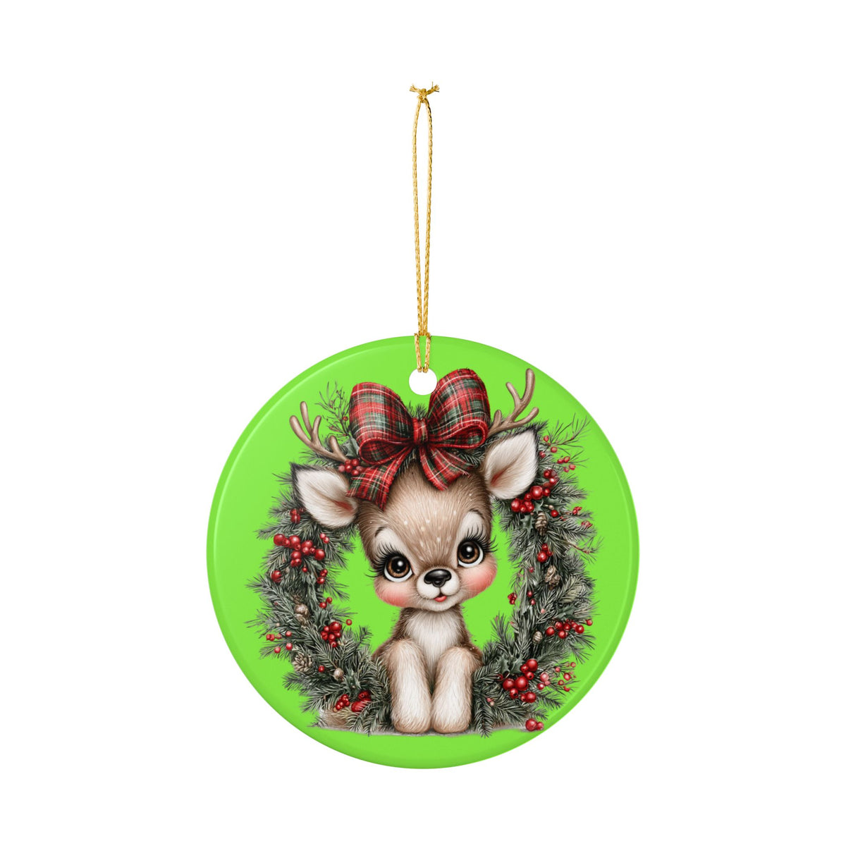 Cute Reindeer Wreath Ceramic Ornament – Christmas Tree Decoration