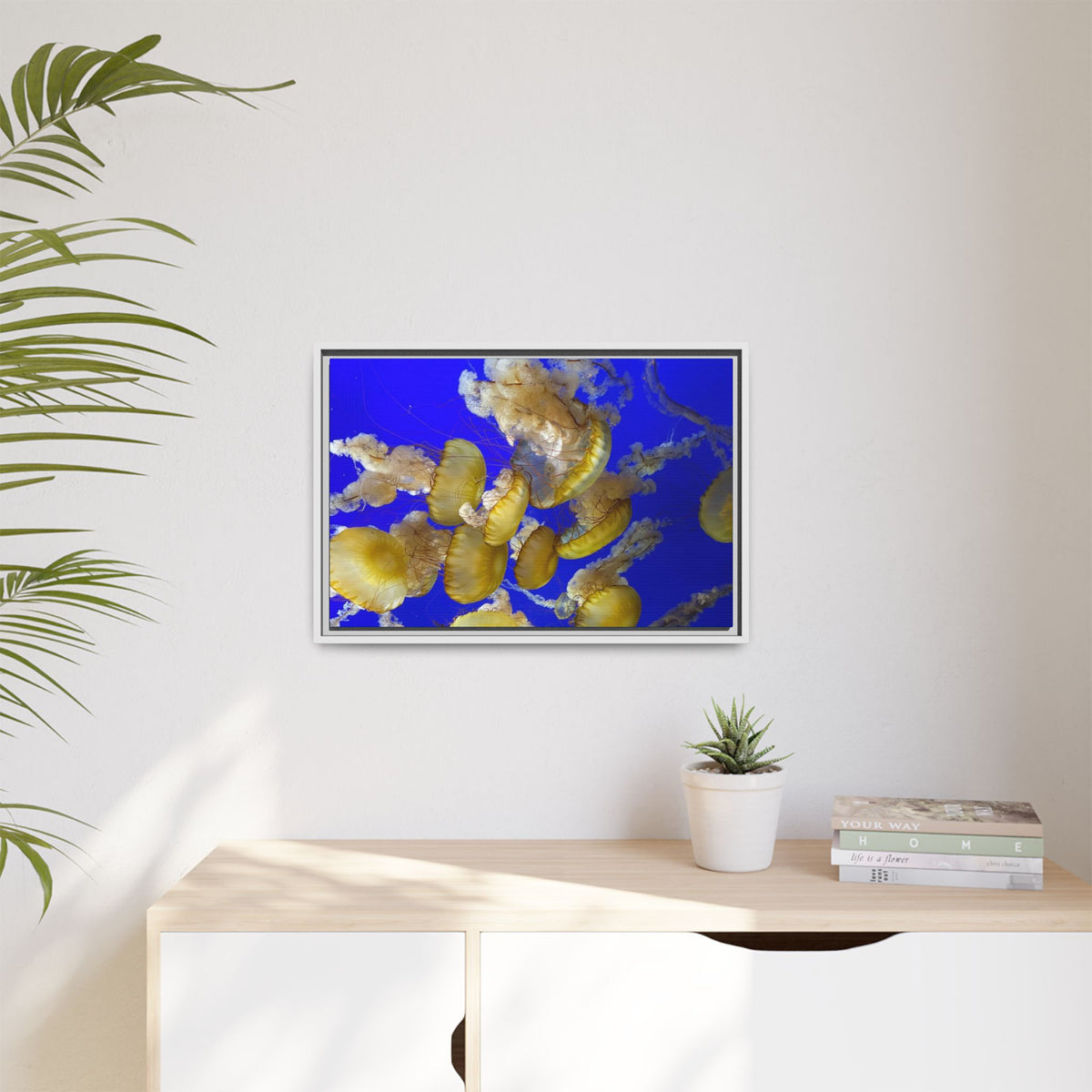 Framed Jellyfish Canvas Print — Golden Jellyfish on Deep Blue Matte