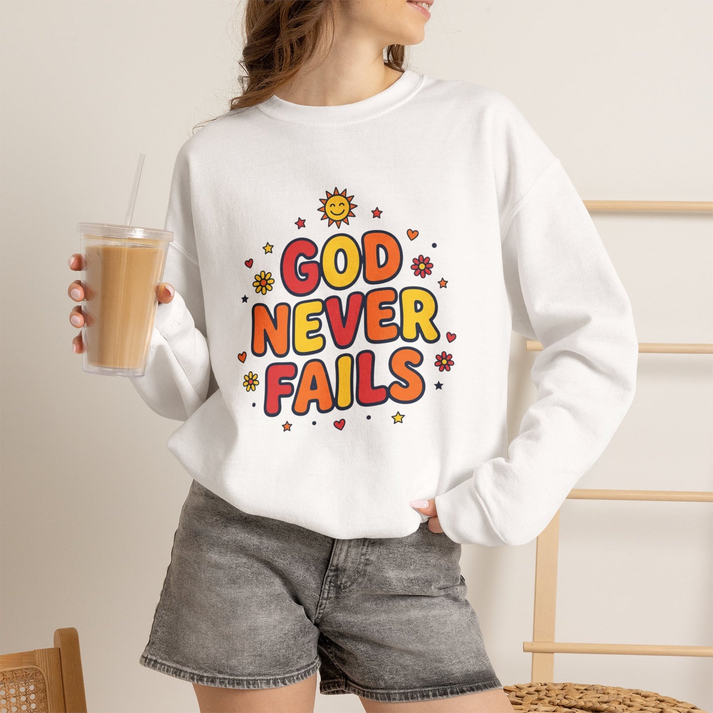 God Never Fails Crewneck Sweatshirt | Christian Encouragement, Retro Pastel Groovy