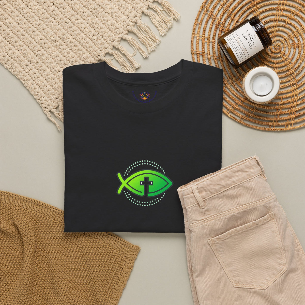 Christian Fish Logo Tee — Green Ichthys Symbol T-Shirt