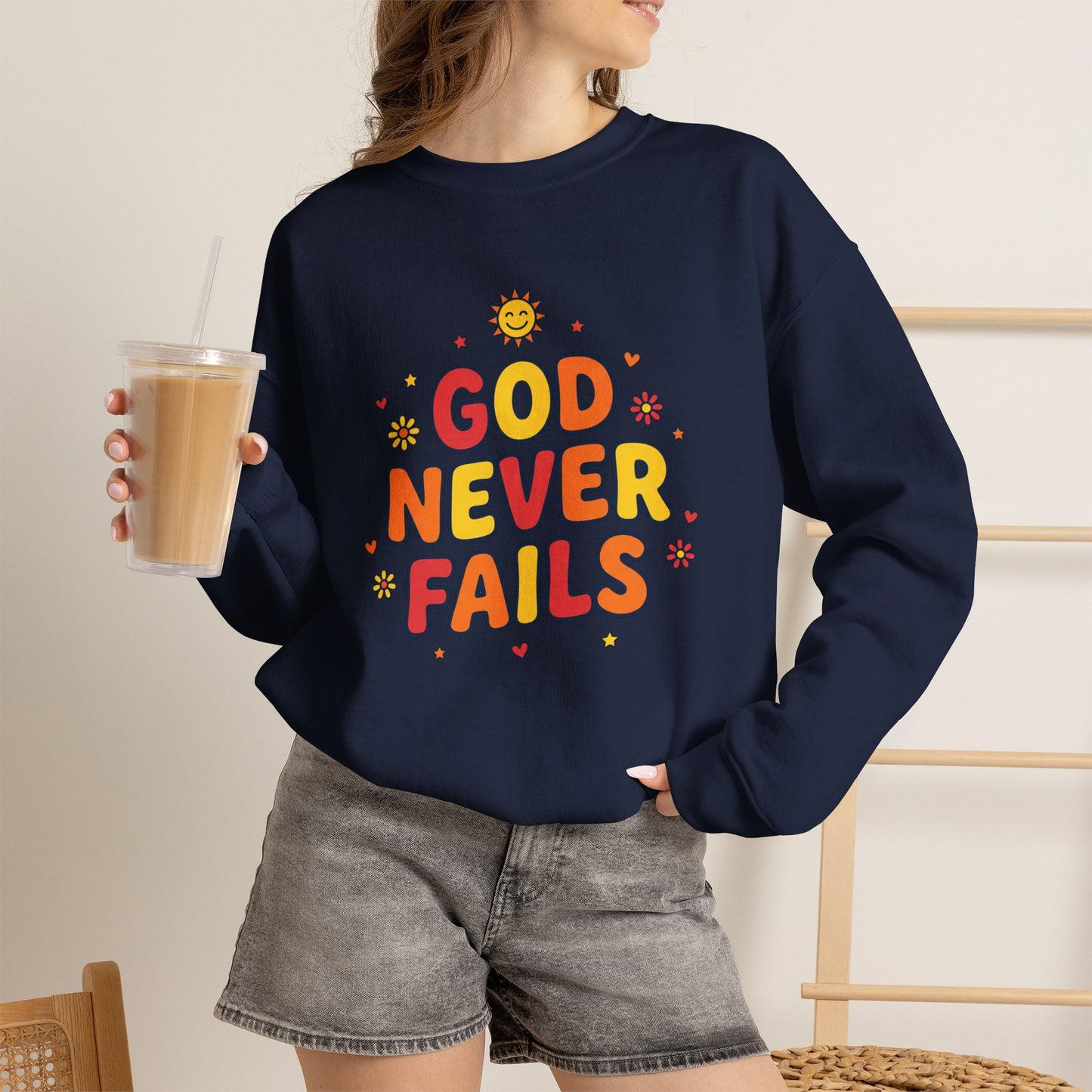 God Never Fails Crewneck Sweatshirt | Christian Encouragement, Retro Pastel Groovy
