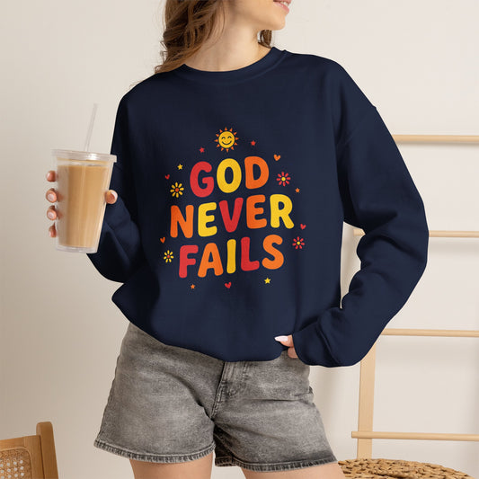 God Never Fails Crewneck Sweatshirt | Christian Encouragement, Retro Pastel Groovy