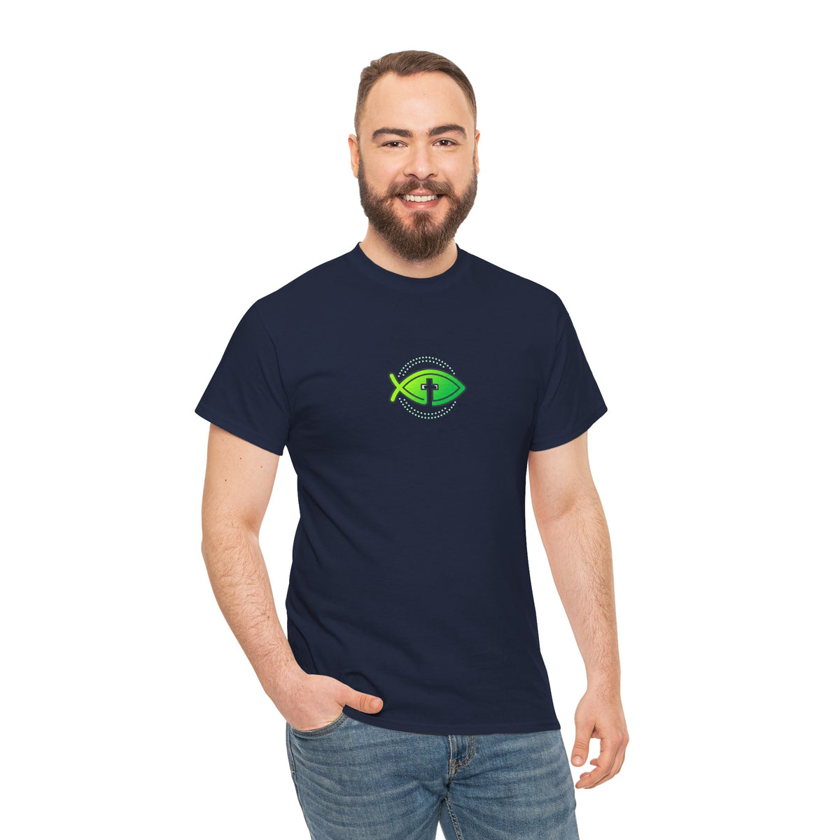 Christian Fish Logo Tee — Green Ichthys Symbol T-Shirt