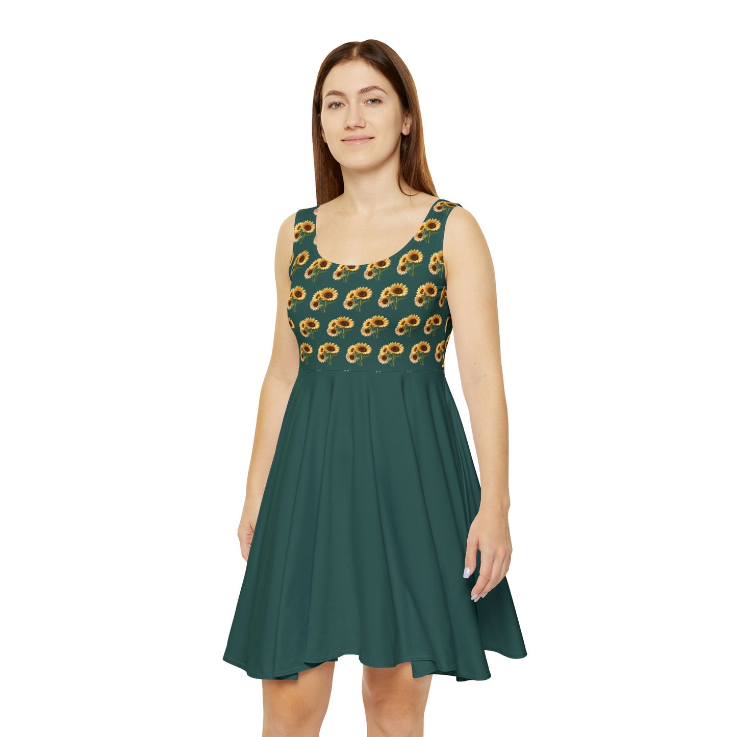 Sunflower Pattern Skater Dress — Green Floral AOP Summer Dress