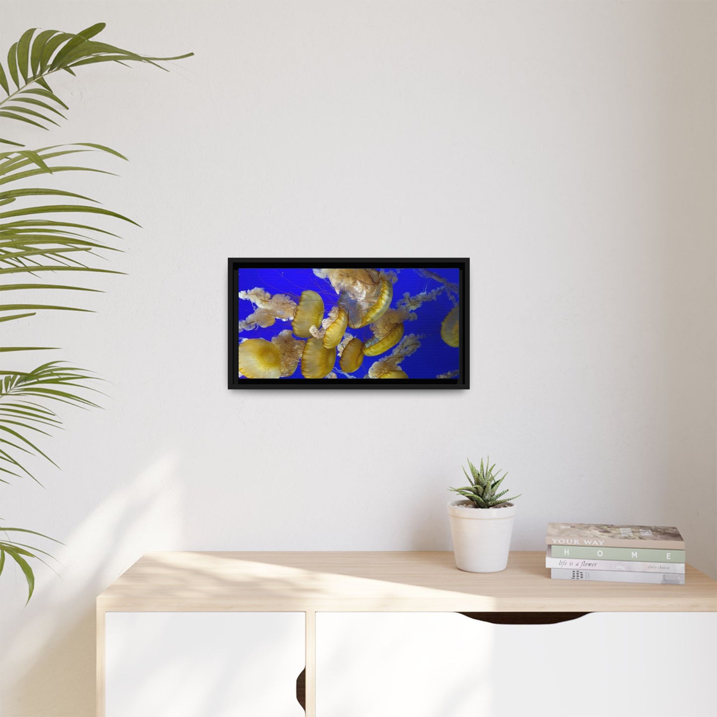 Framed Jellyfish Canvas Print — Golden Jellyfish on Deep Blue Matte