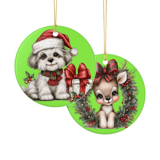 Cute Reindeer Wreath Ceramic Ornament – Christmas Tree Decoration