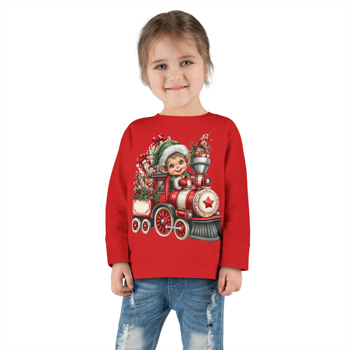 Toddler Tee — Cute Elf on Christmas Train Long Sleeve