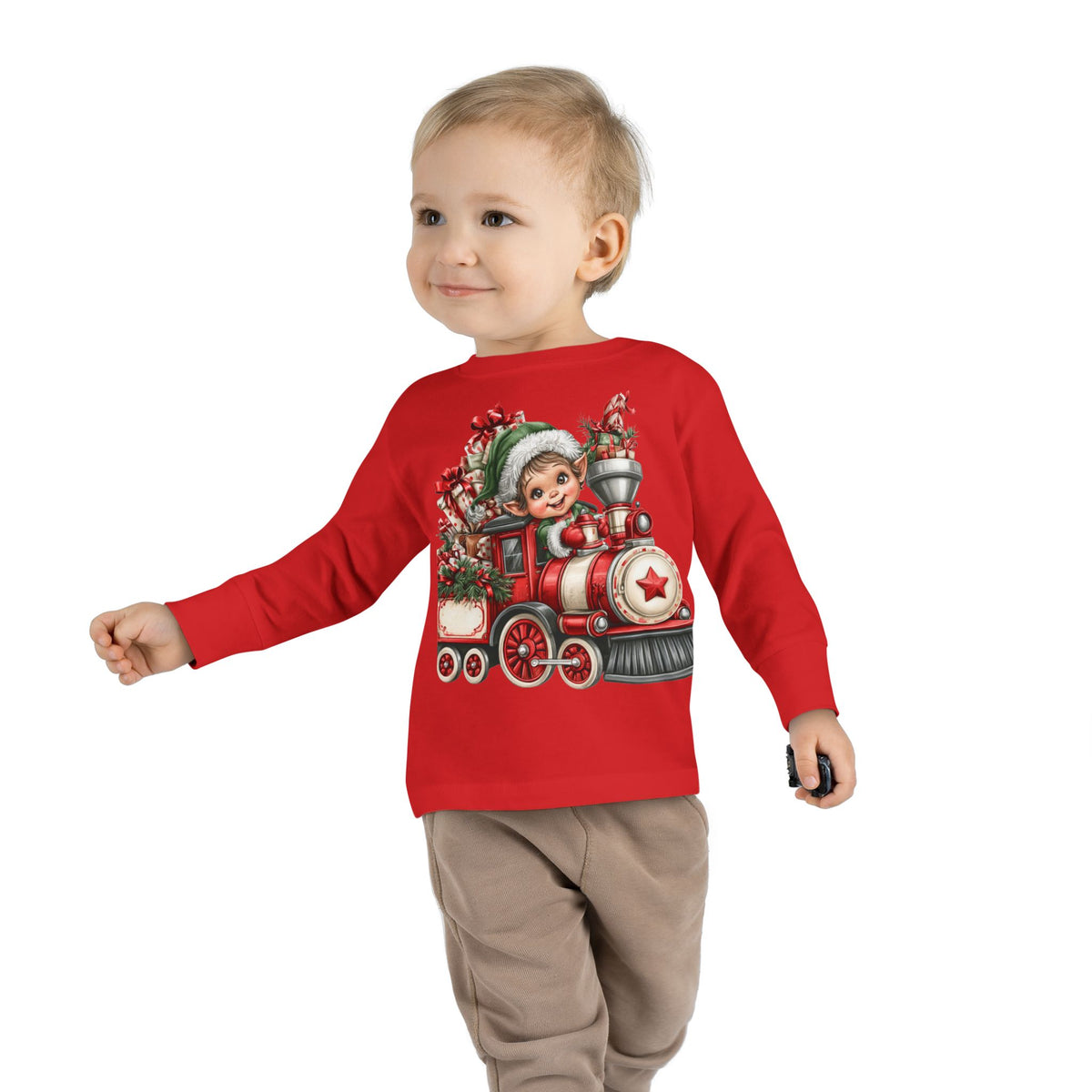 Toddler Tee — Cute Elf on Christmas Train Long Sleeve