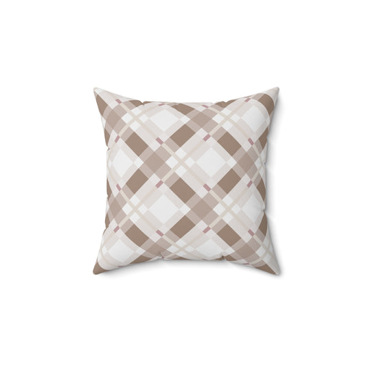 Neutral Beige Plaid Throw Pillow — Cozy Farmhouse Decorative Cushion