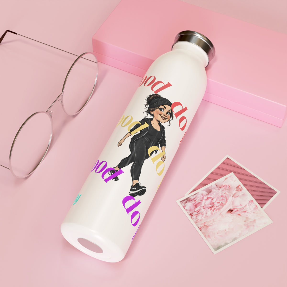 Slim Water Bottle — 'Be Good' Motivational Fitness Bottle with Walking Cartoon and Custom Name
