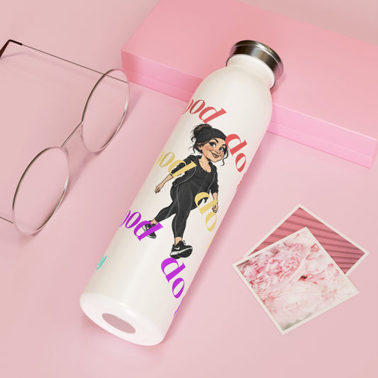 Slim Water Bottle — 'Be Good' Motivational Fitness Bottle with Walking Cartoon and Custom Name