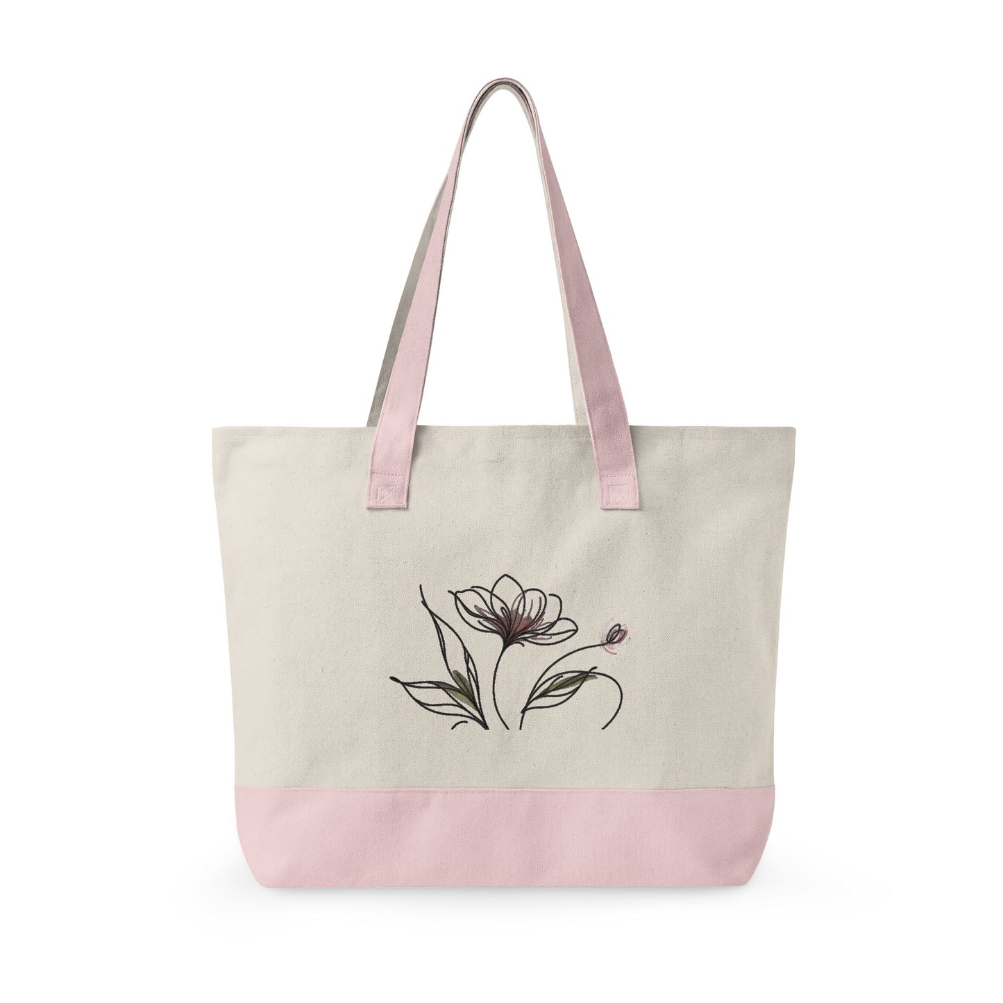 Floral Canvas Tote Bag — Zippered Pink-Trim Flower Design