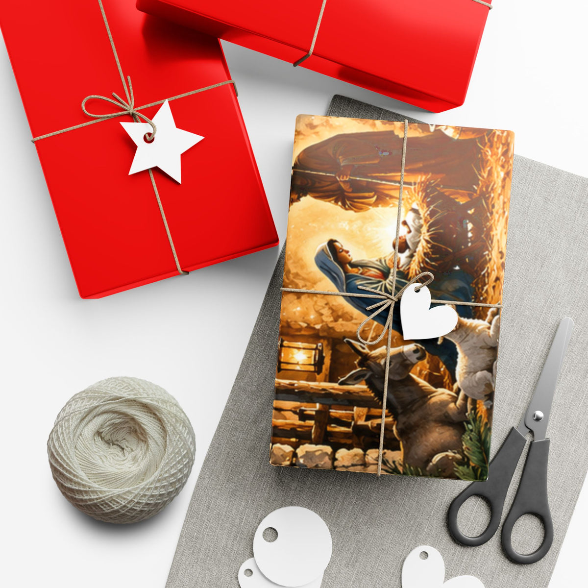 Gift Wrap Paper – Red & Gold Holiday Nativity Design