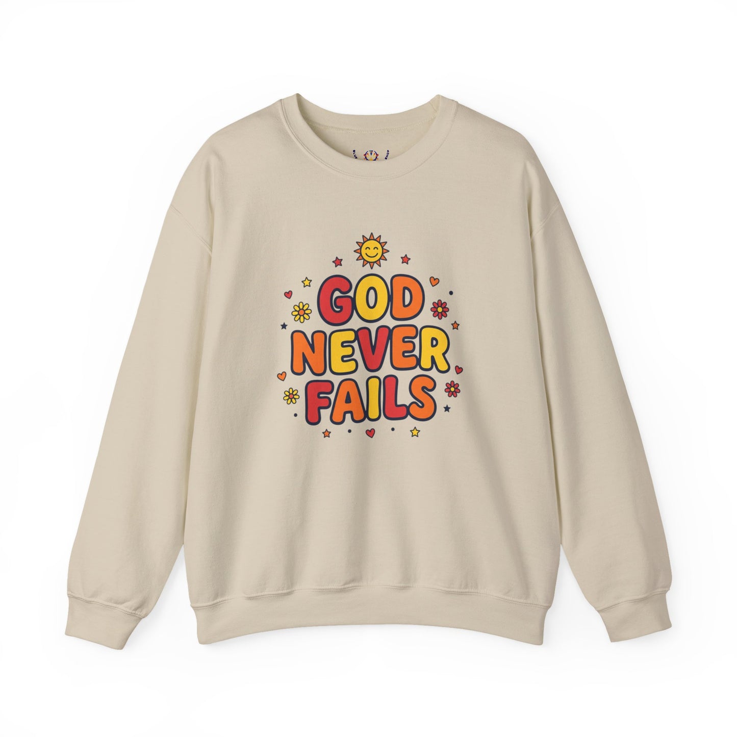 God Never Fails Crewneck Sweatshirt | Christian Encouragement, Retro Pastel Groovy