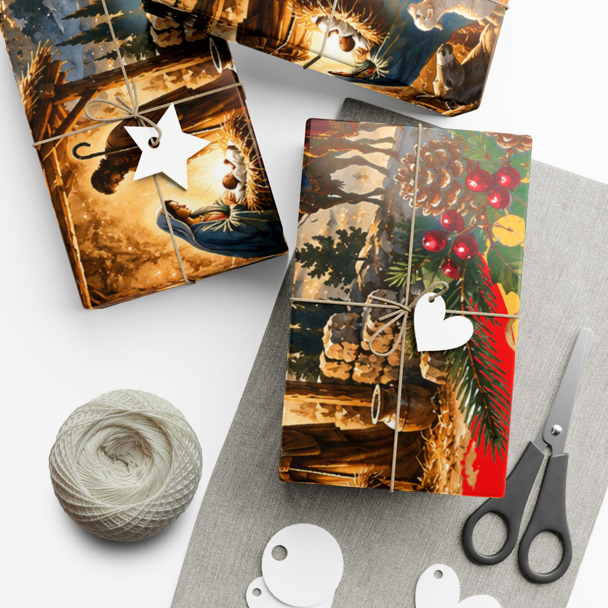 Gift Wrap Paper – Red & Gold Holiday Nativity Design