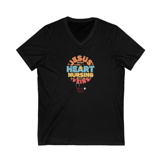 Nursing V-Neck Tee: Jesus, Heart, Nursing, Gifts for Nurses, Faith-Based Apparel, Inspirational T-Shirt