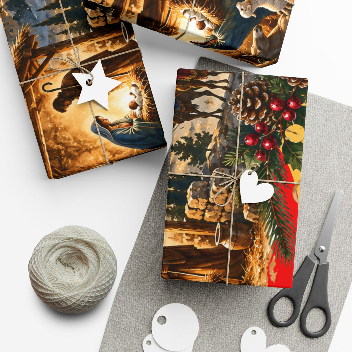 Gift Wrap Paper – Red & Gold Holiday Nativity Design