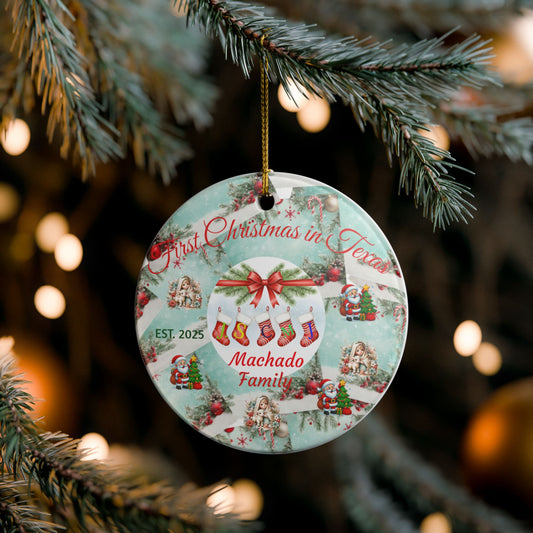 First Christmas in Texas Ceramic Ornament — Personalized Family Name & EST. 2026 Holiday Decoration