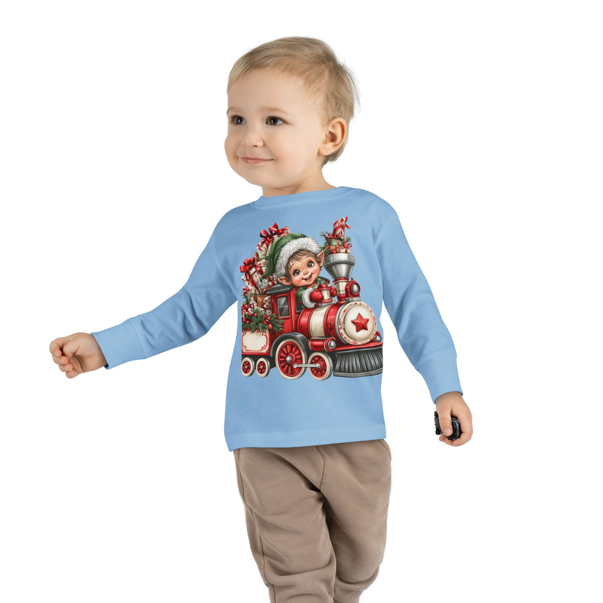 Toddler Tee — Cute Elf on Christmas Train Long Sleeve