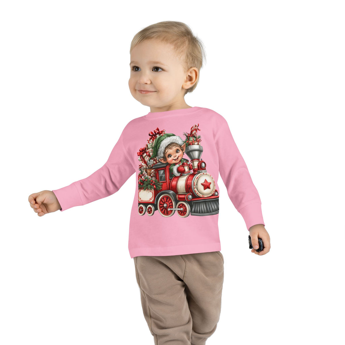 Toddler Tee — Cute Elf on Christmas Train Long Sleeve