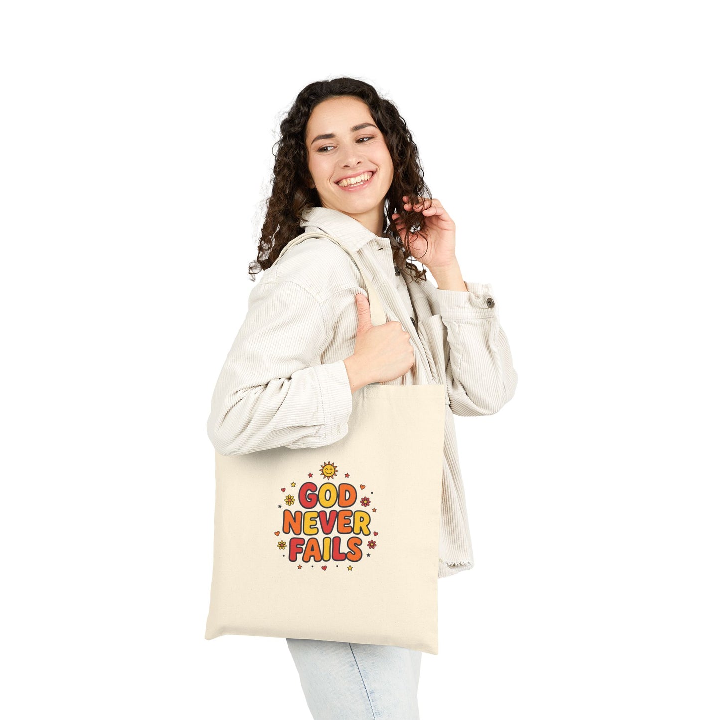 God Never Fails Tote | Colorful Christian Encouragement, Retro Pastel Groovy Scripture