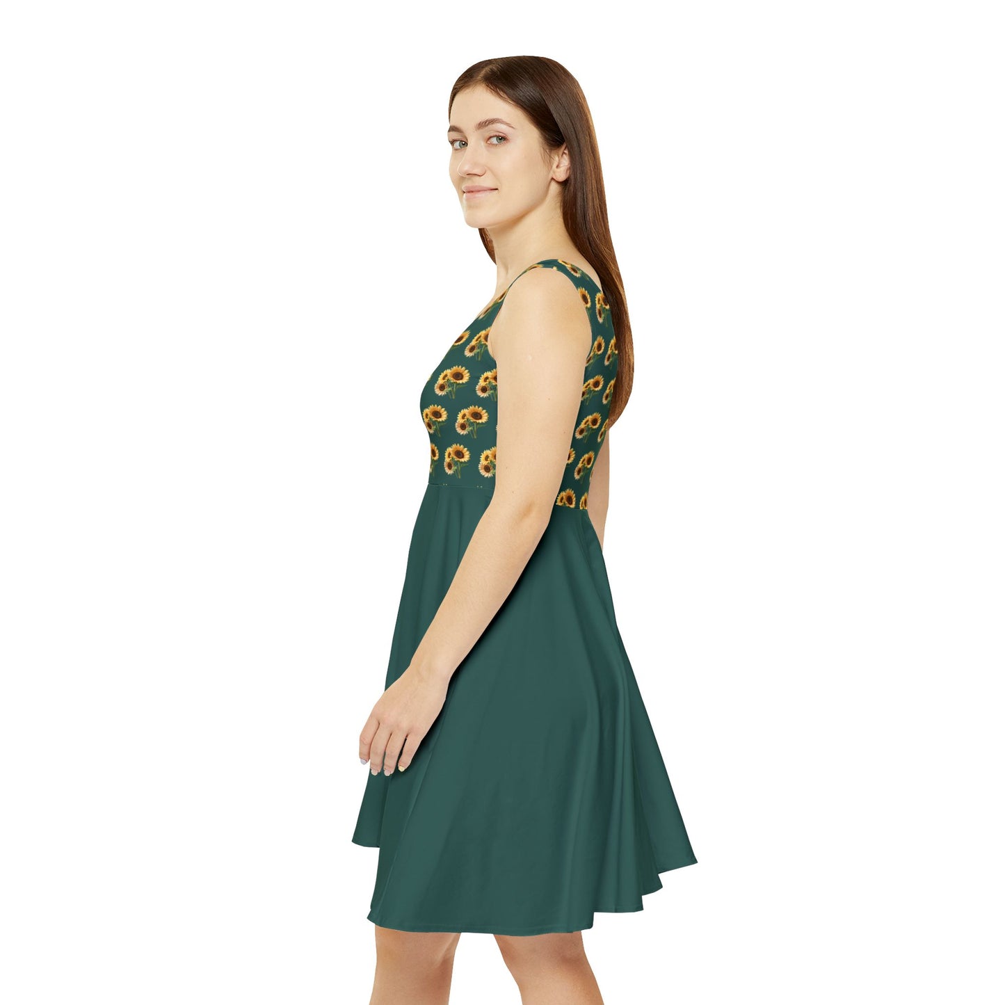 Sunflower Pattern Skater Dress — Green Floral AOP Summer Dress