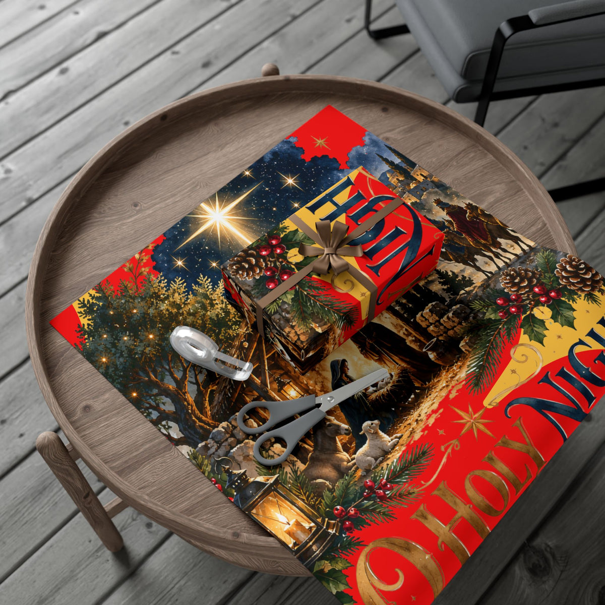 Gift Wrap Paper – Red & Gold Holiday Nativity Design