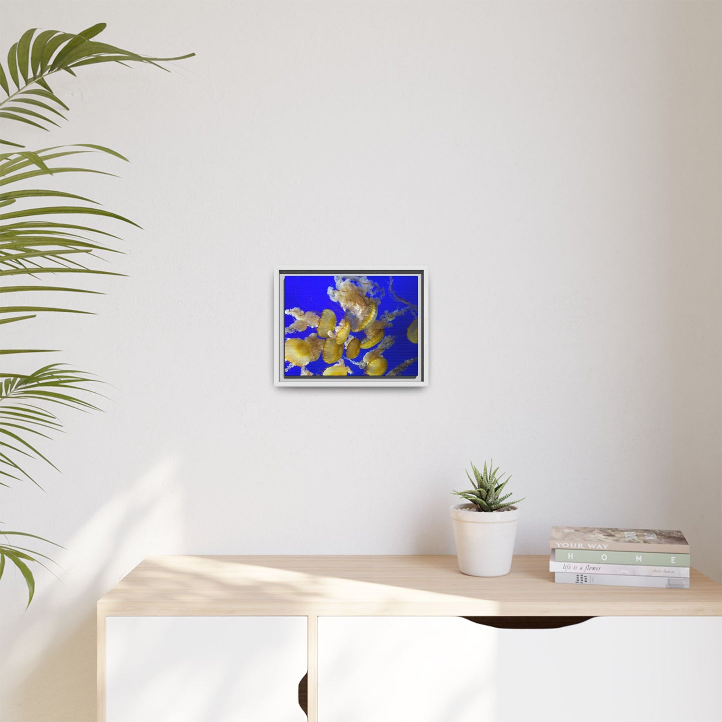 Framed Jellyfish Canvas Print — Golden Jellyfish on Deep Blue Matte
