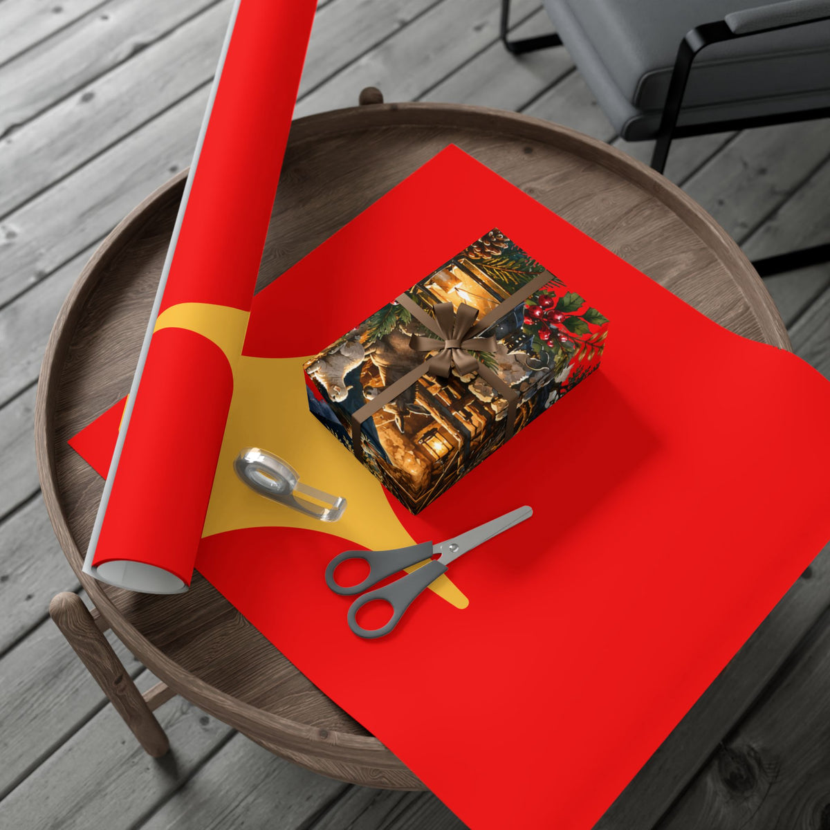 Gift Wrap Paper – Red & Gold Holiday Nativity Design