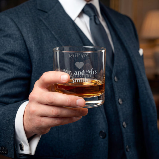 Engraved Whiskey Glass 10.5oz — Personalized "Mr and Mrs Smith" Anniversary Gift