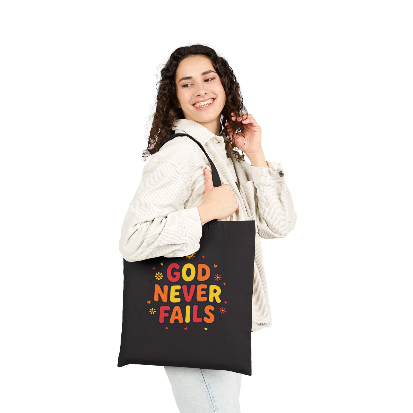 God Never Fails Tote | Colorful Christian Encouragement, Retro Pastel Groovy Scripture