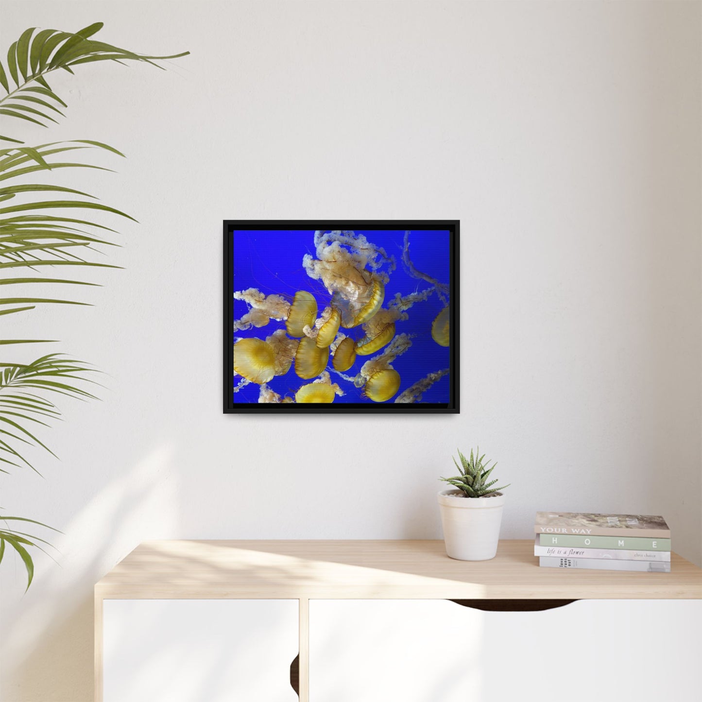 Framed Jellyfish Canvas Print — Golden Jellyfish on Deep Blue Matte