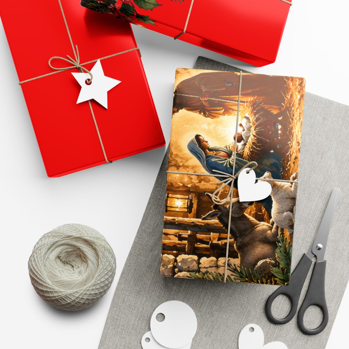 Gift Wrap Paper – Red & Gold Holiday Nativity Design