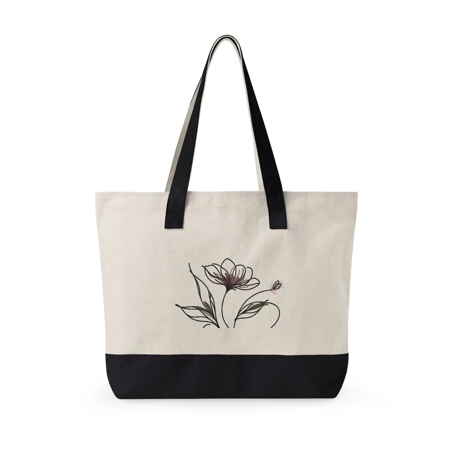Floral Canvas Tote Bag — Zippered Pink-Trim Flower Design