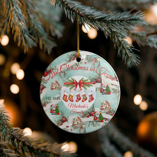 First Christmas in Texas Ceramic Ornament — Personalized Family Name & EST. 2025 Holiday Decoration