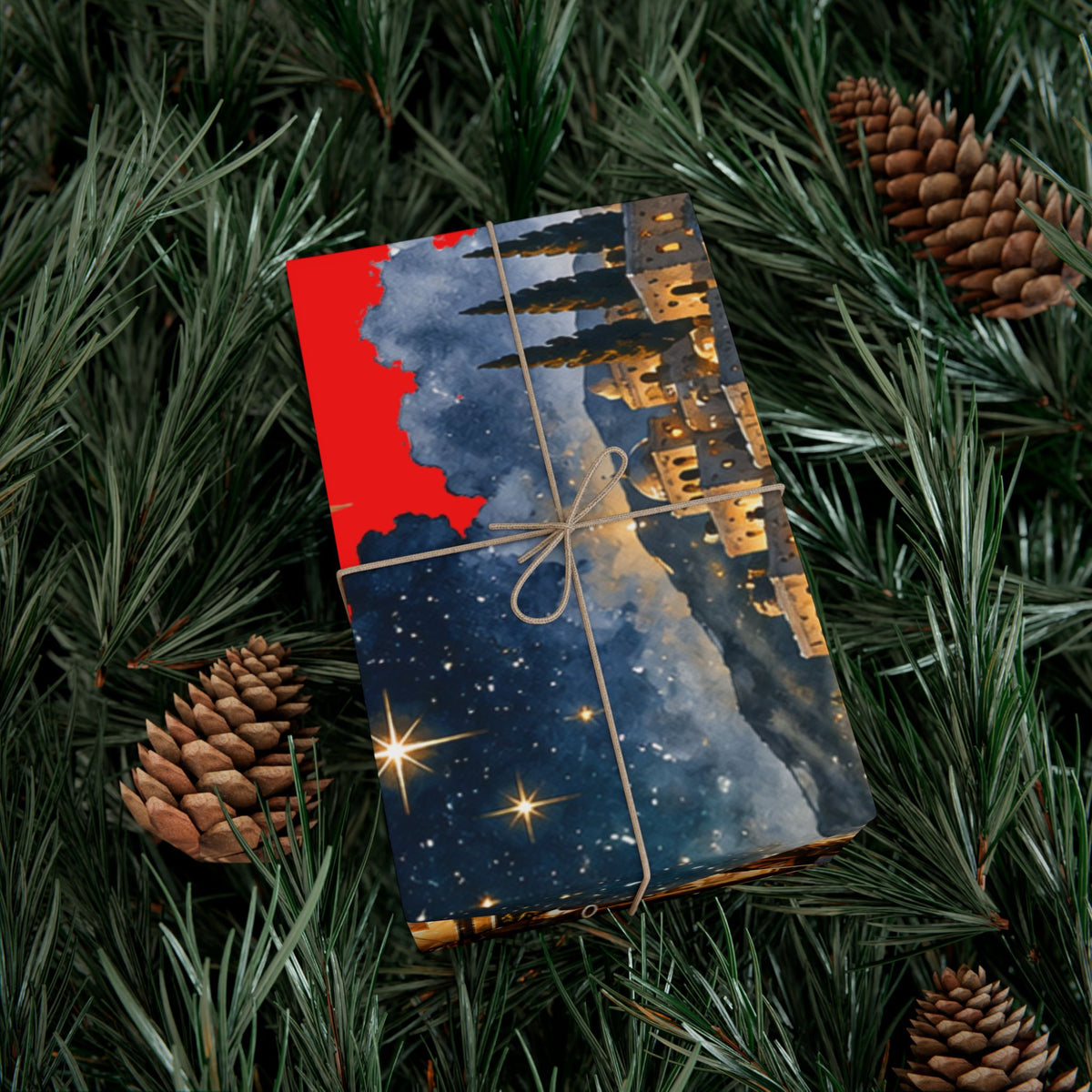 Gift Wrap Paper – Red & Gold Holiday Nativity Design