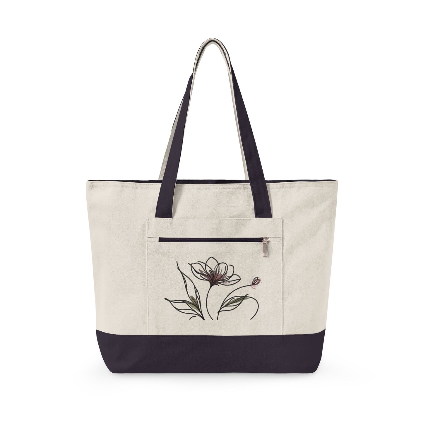 Floral Canvas Tote Bag — Zippered Pink-Trim Flower Design