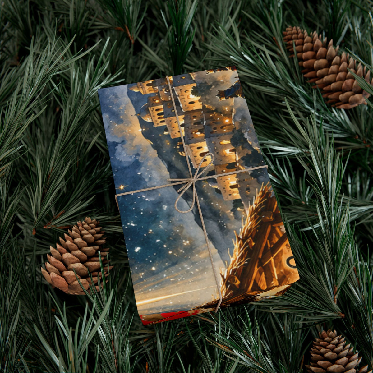 Gift Wrap Paper – Red & Gold Holiday Nativity Design