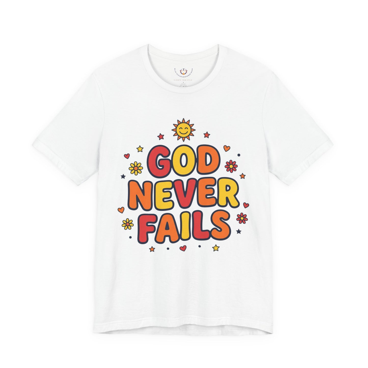 God Never Fails Tee | Christian encouragement, retro groovy pastel