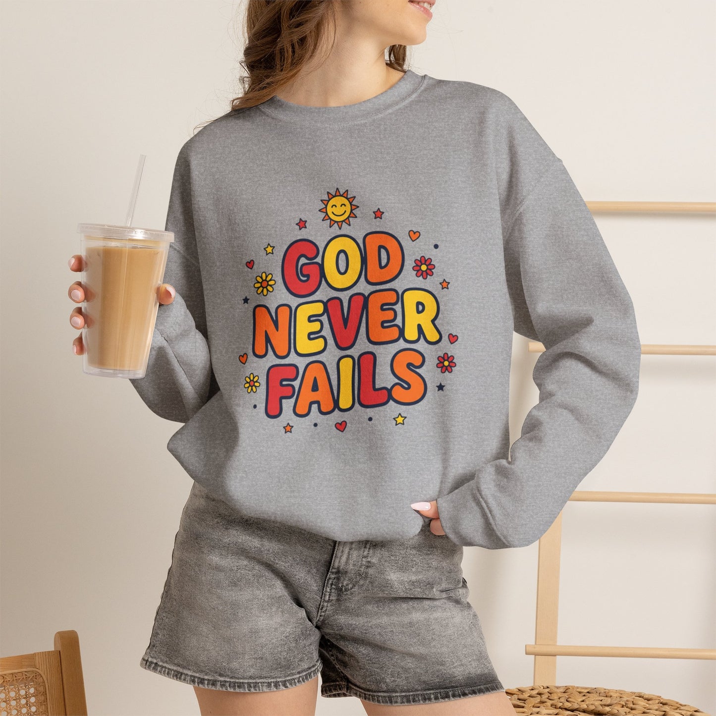 God Never Fails Crewneck Sweatshirt | Christian Encouragement, Retro Pastel Groovy