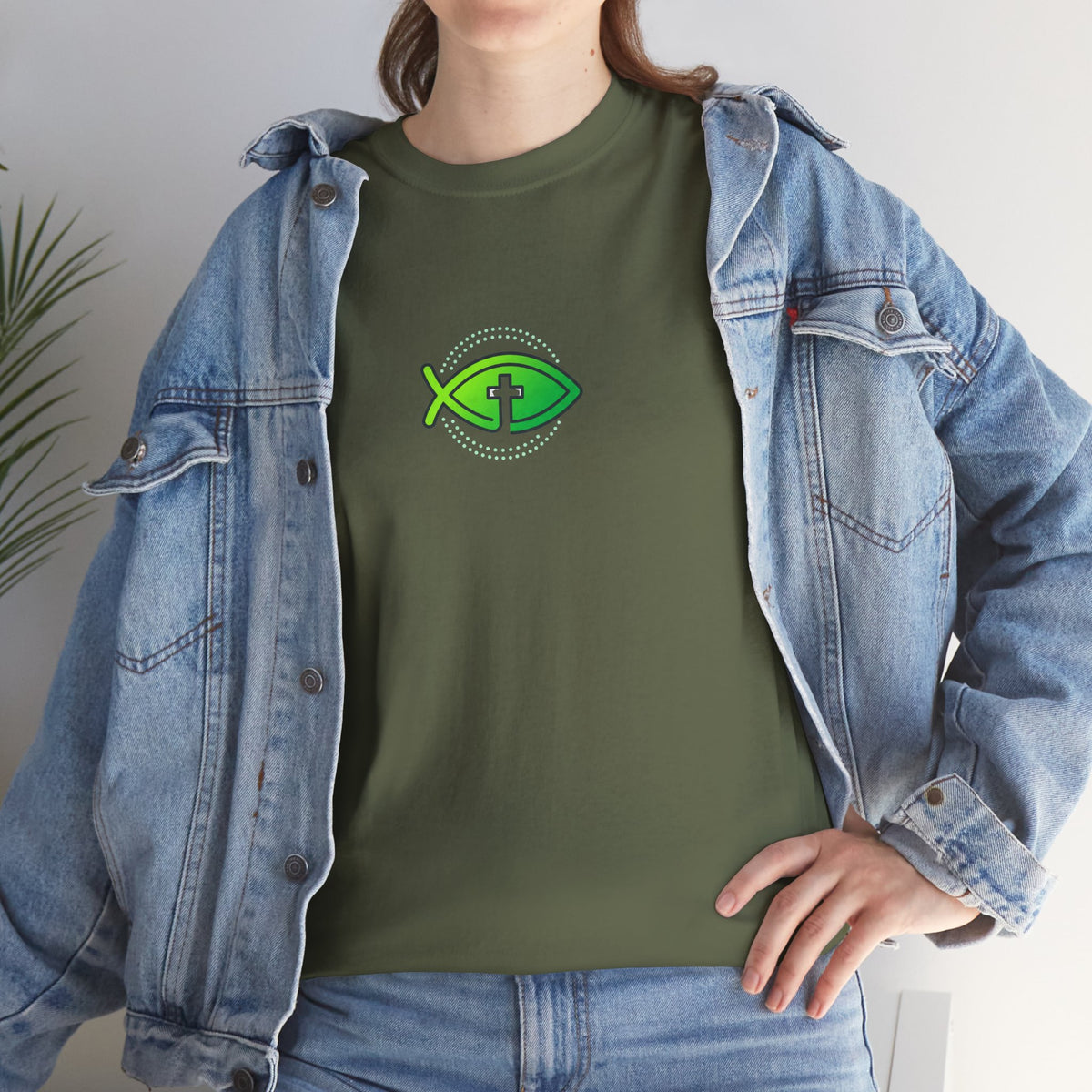 Christian Fish Logo Tee — Green Ichthys Symbol T-Shirt