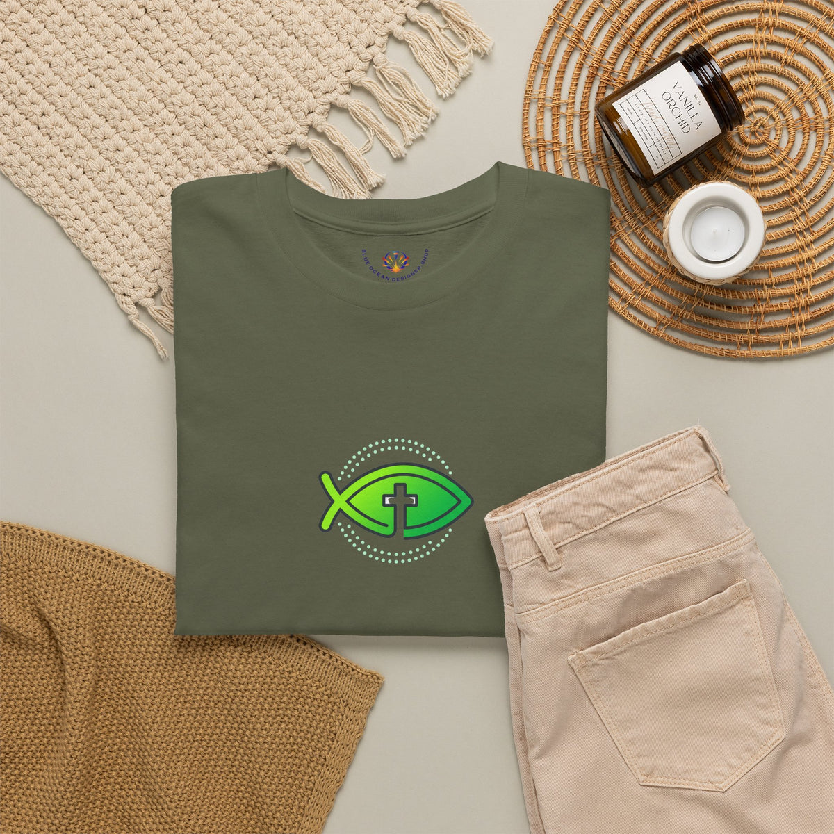 Christian Fish Logo Tee — Green Ichthys Symbol T-Shirt