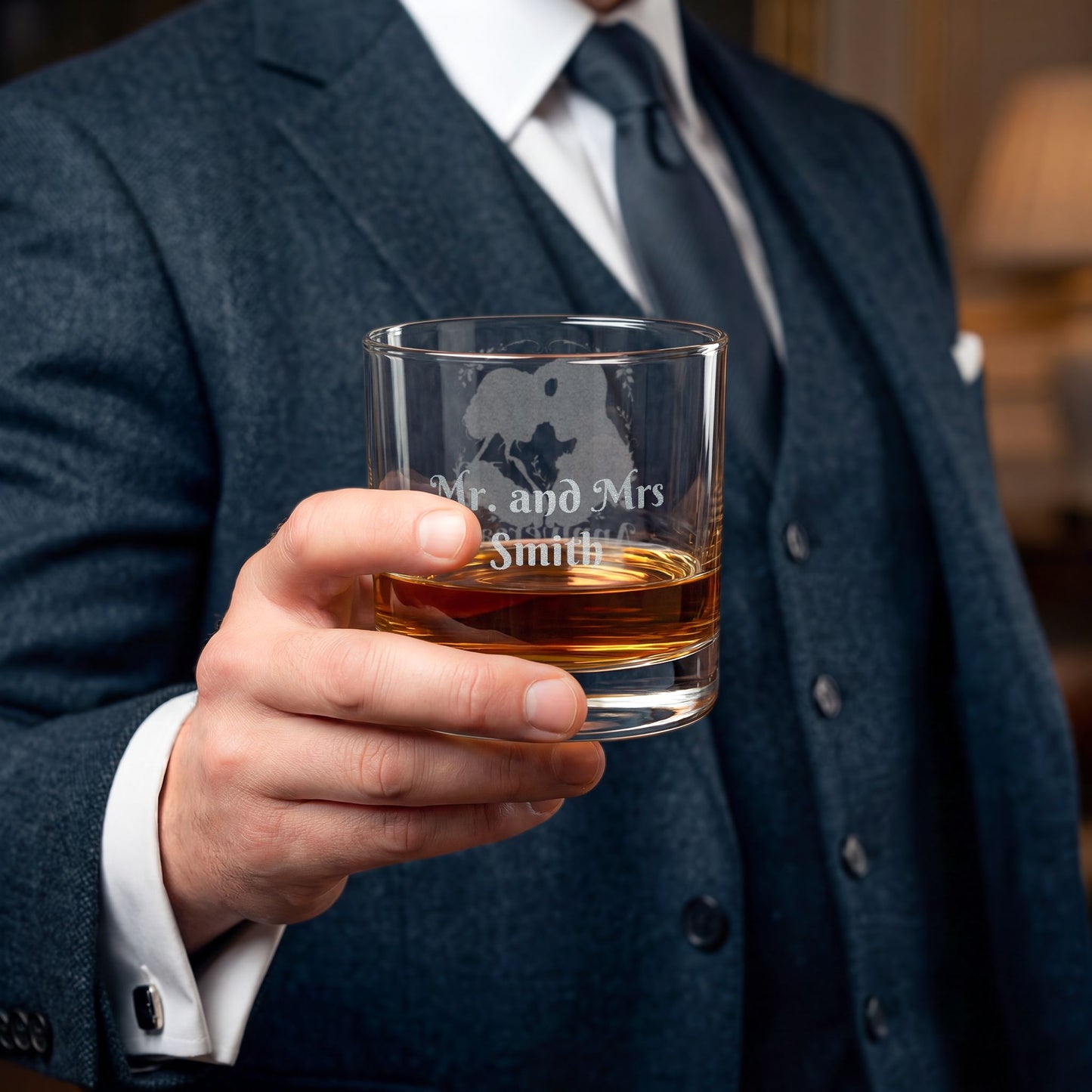 Engraved Whiskey Glass 10.5oz — Personalized "Mr and Mrs Smith" Anniversary Gift