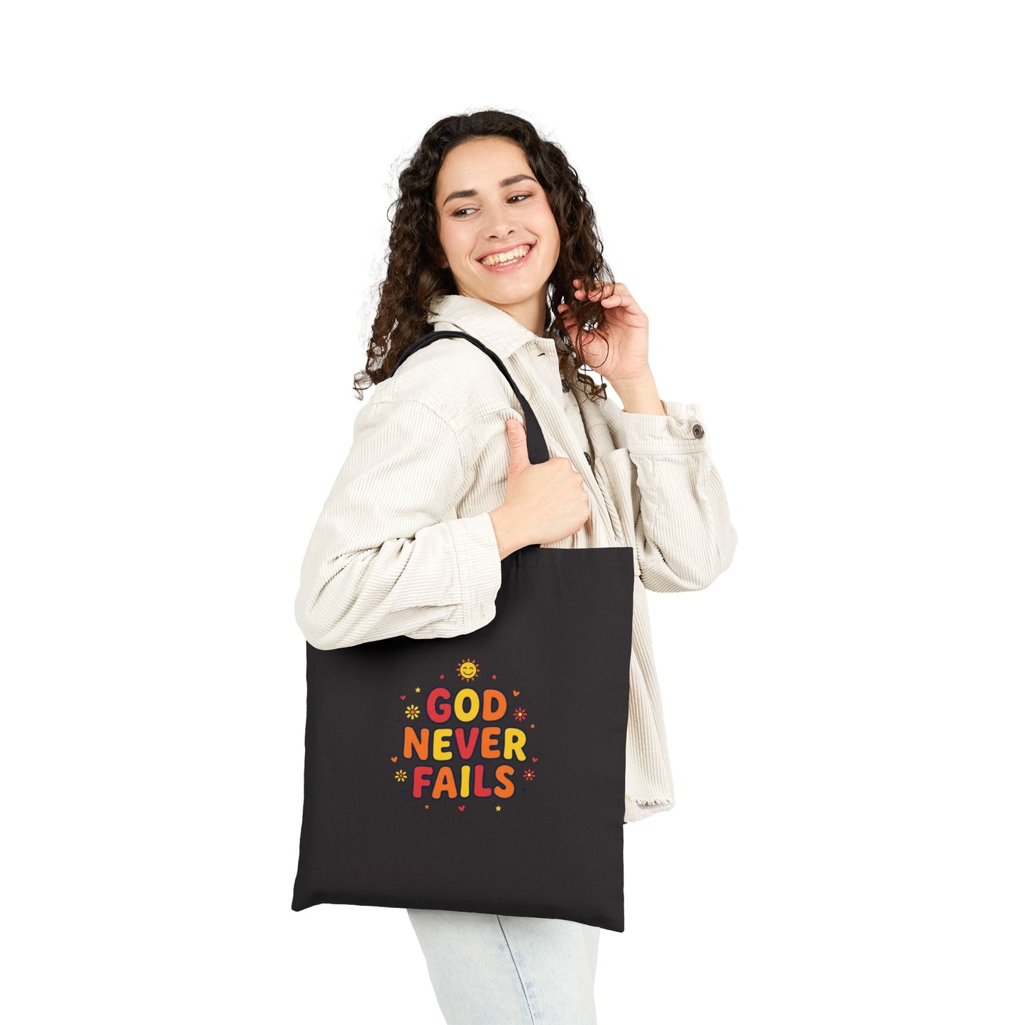 God Never Fails Tote | Colorful Christian Encouragement, Retro Pastel Groovy Scripture