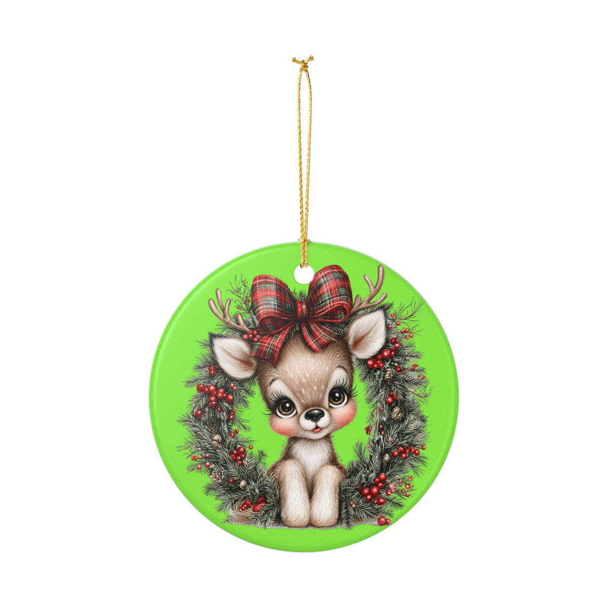 Cute Reindeer Wreath Ceramic Ornament – Christmas Tree Decoration
