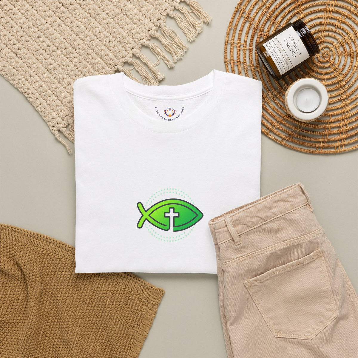 Christian Fish Logo Tee — Green Ichthys Symbol T-Shirt