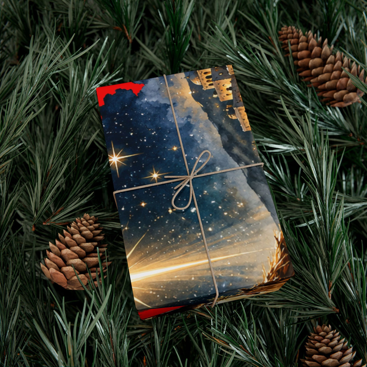 Gift Wrap Paper – Red & Gold Holiday Nativity Design