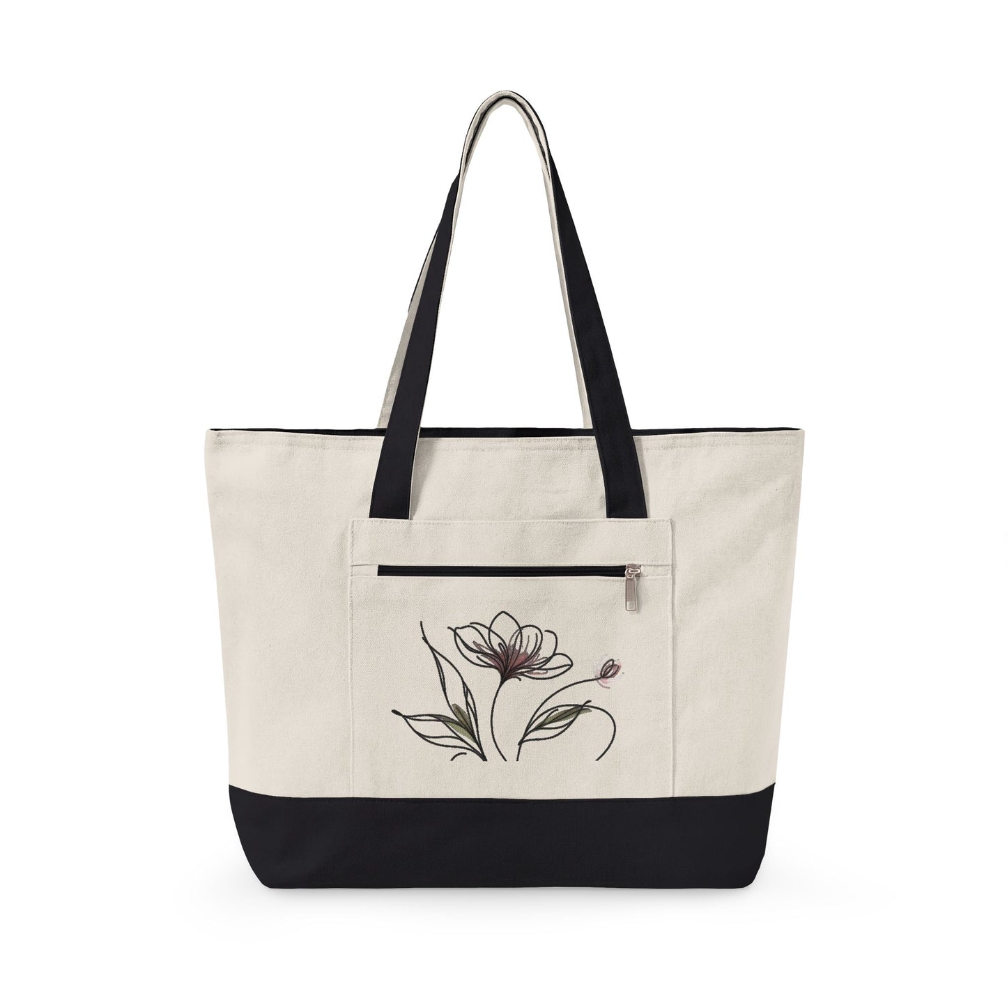 Floral Canvas Tote Bag — Zippered Pink-Trim Flower Design