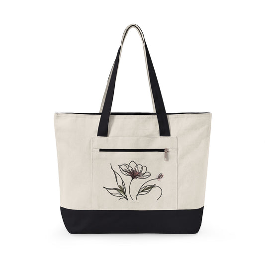 Floral Canvas Tote Bag — Zippered Pink-Trim Flower Design